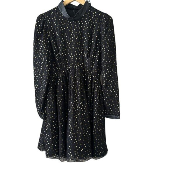 Jill Stuart Silk Dress 6 Black Gold Polka Dot Leather Trim Long Sleeve - Picture 2 of 12